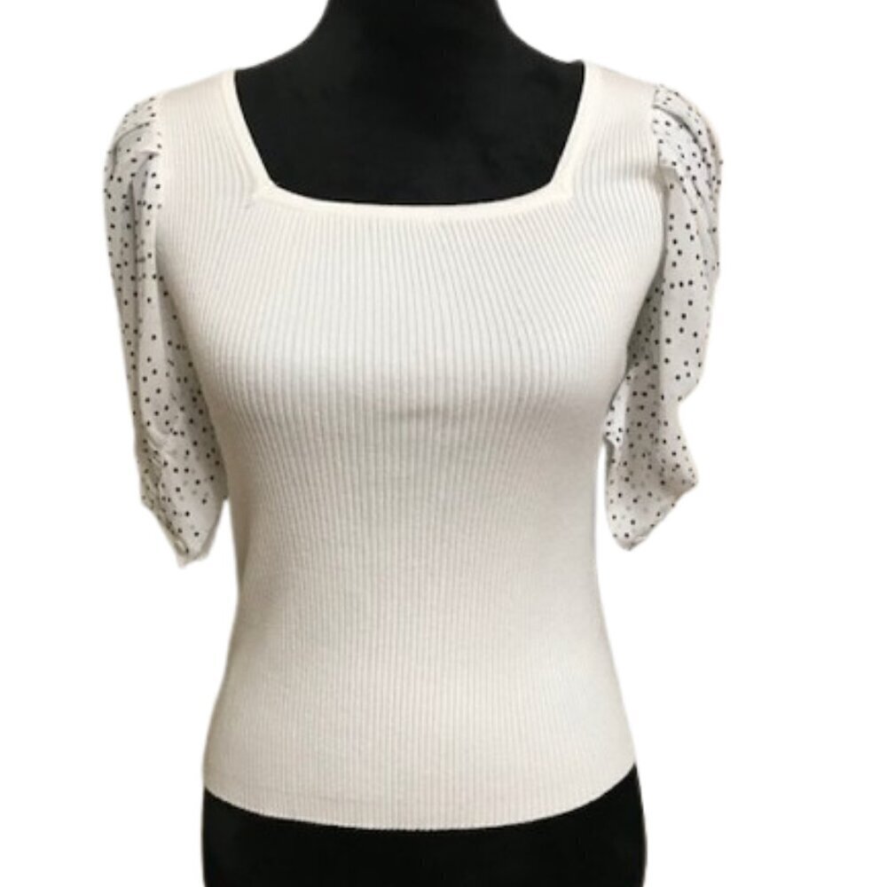 T Tahari Square Neck Elbow Length Puff Sleeve White Top Size Small Petite - Picture 3 of 9